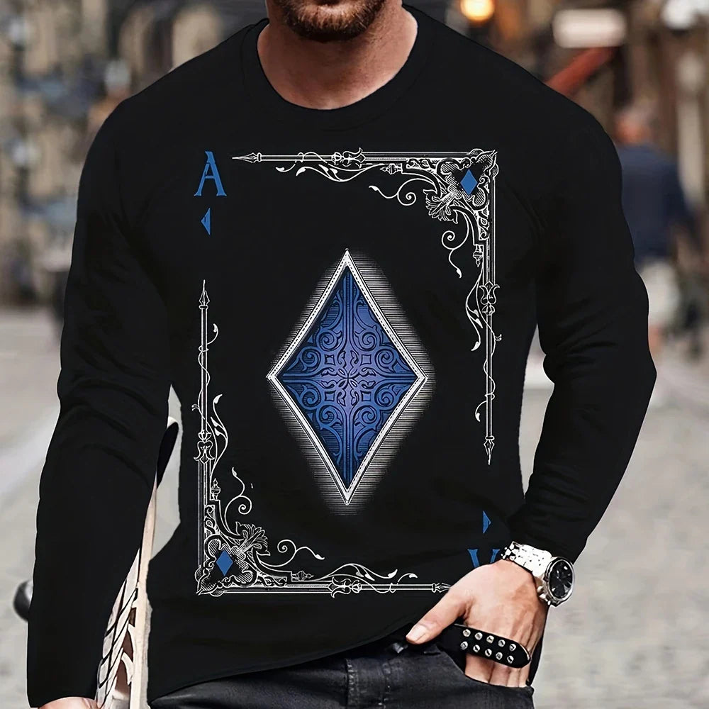 Summer Men's T-Shirt Big Size Loose Retro Short Sleeve Fashion American Poker Letter Print O Neck Long Sleeve Autumn Shirt