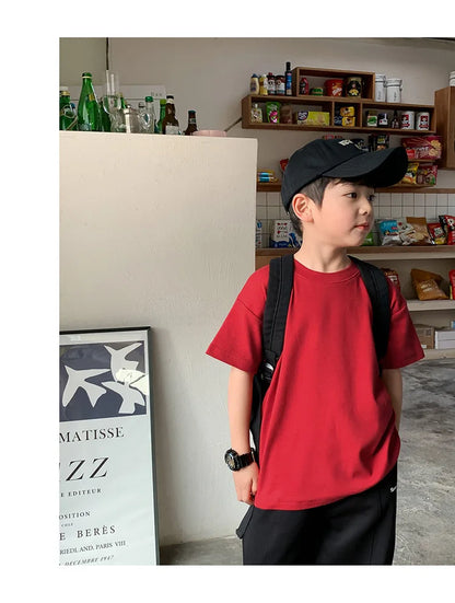 Summer Casual School Kids Cotton Plain Tee Tops Baby and Boys Short-Sleeved T-Shirt Children Outfit Clothing 1-16 Years