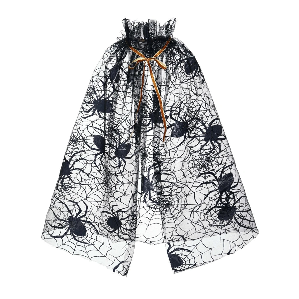Halloween Witch Cloak Set Spider Web Sheer Mesh Cape Hat and Broom Set for Kids Boys Girls Appliques Feathers Animal