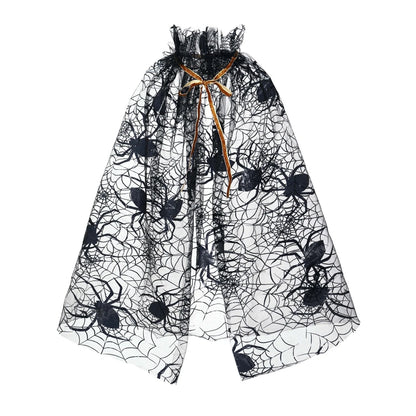 Halloween Witch Cloak Set Spider Web Sheer Mesh Cape Hat and Broom Set for Kids Boys Girls Appliques Feathers Animal
