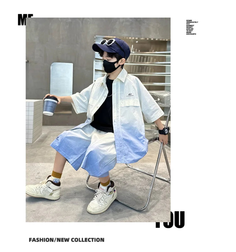 Fashion Kids Clothing Set Shirt Shorts Summer Suit for Teenage Boy Loose Casual Gradient Color Clothes Set Child Luxury Outfit