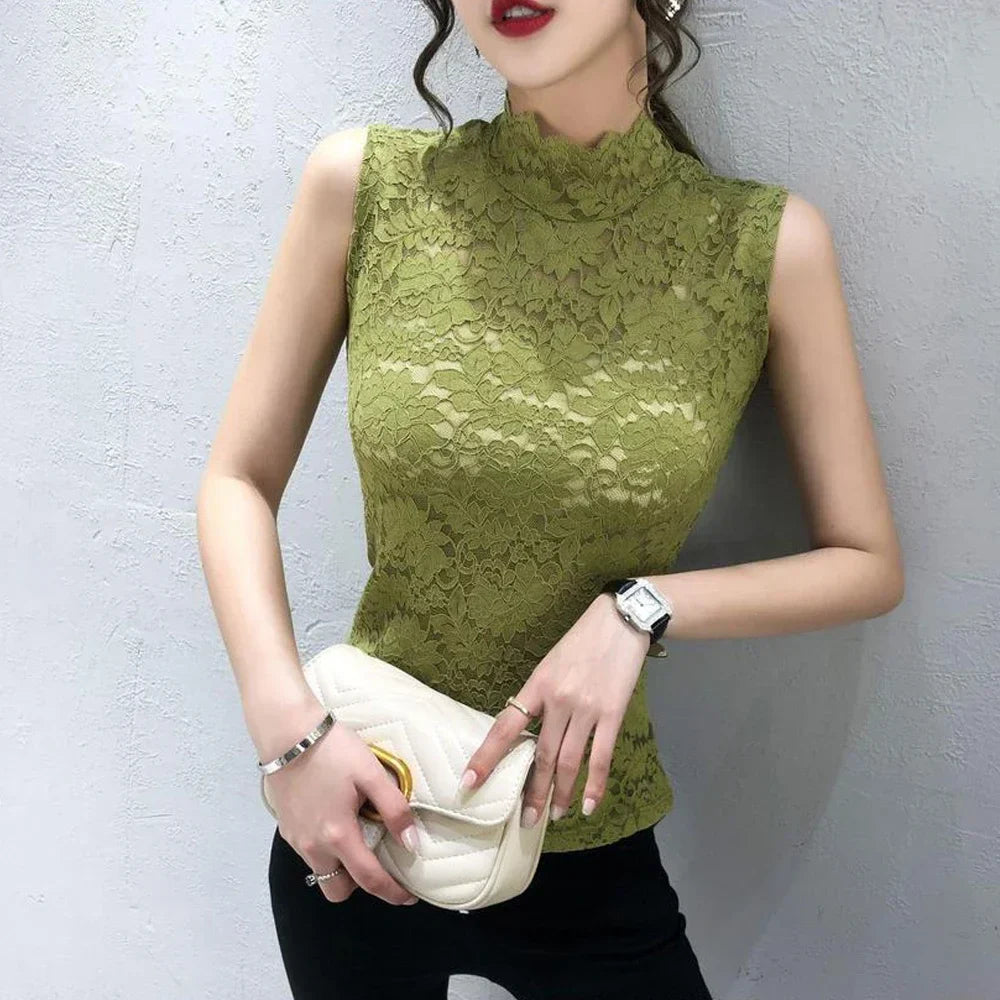 Elegant Women's Floral Lace Tank Tops T Shirt With Elastic Sleeveless Red Black White S-XL Stretch Rose Lace Camisole For Girls