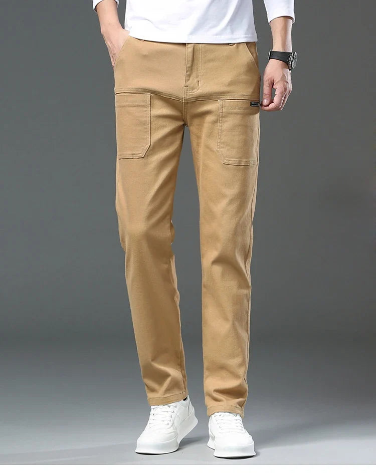 Spring and Autumn Men's Multi-Pocket Design Jeans Fashionable and Versatile White Khaki Red Comfortable Stretch Denim Pants