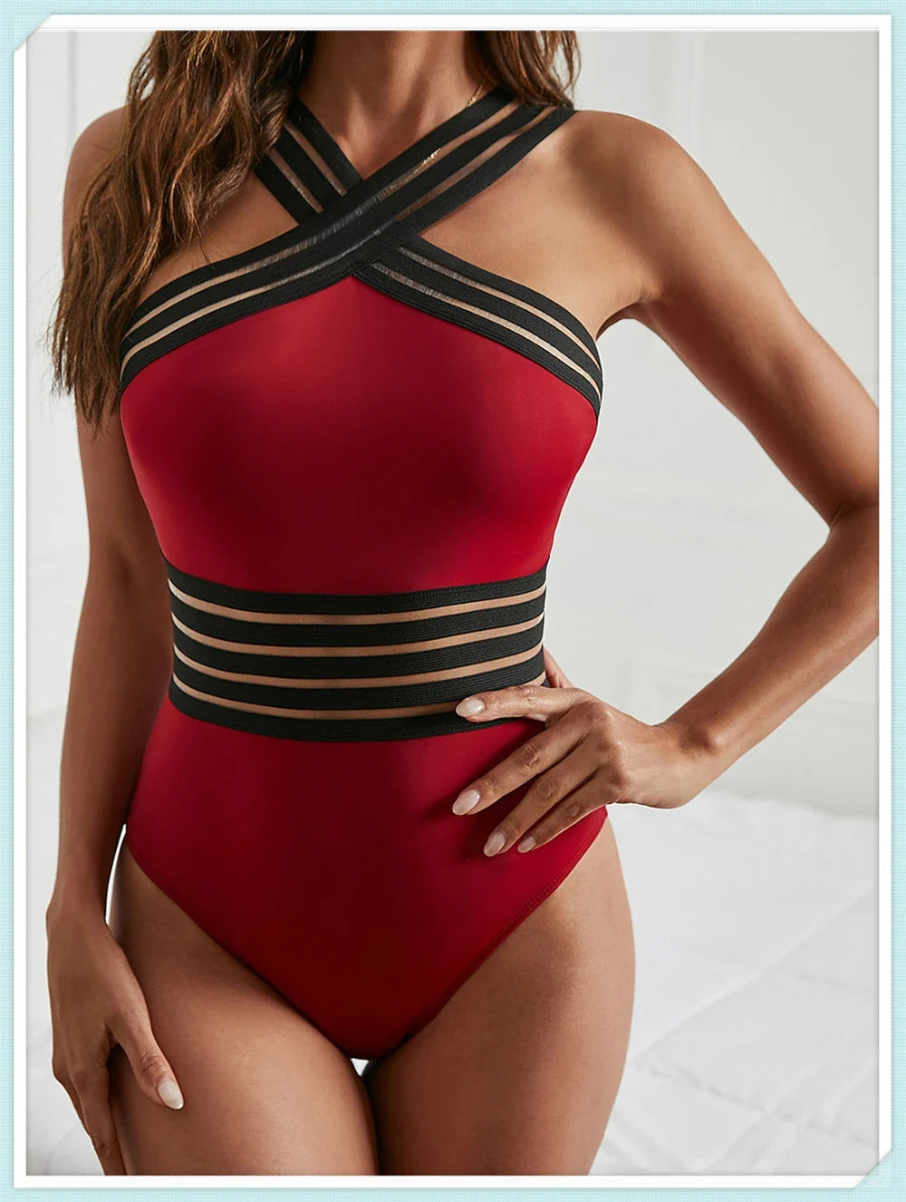 Solid Mesh Tape Swimsuit 2026 One Piece Sexy High Neck Swimwear Women Cross Front Bathing Suit Female Padded Beachwear Bodysuit