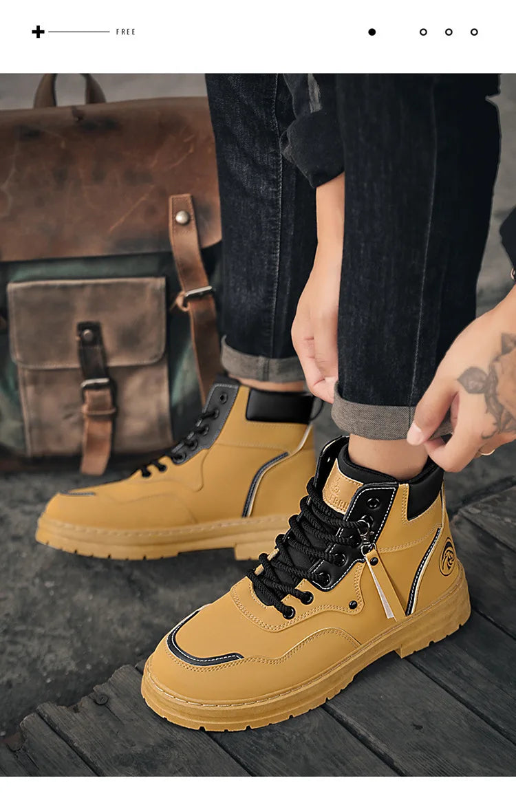 Men Boots  Autumn High Top British Korean Thick Soled Platform Comfortable Non Slip Short Boots Outdoor Lace Up Cotton Boots 202
