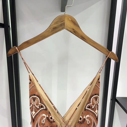 2026 Summer Retro V-neck Thin Suspender High Waist Sexy Dress Women's Ruffle Edge Fashion Backless Design Ladies Vintage Printed