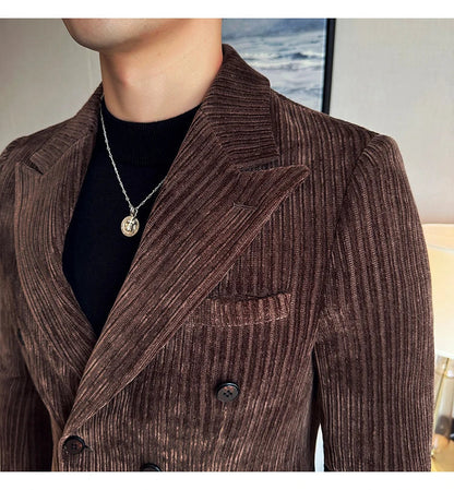 Autumn Winter New Men Corduroy Suit Jackets Double-Breasted Striped Slim Fit Casual Coats High Quality Formal Business Tailcoat