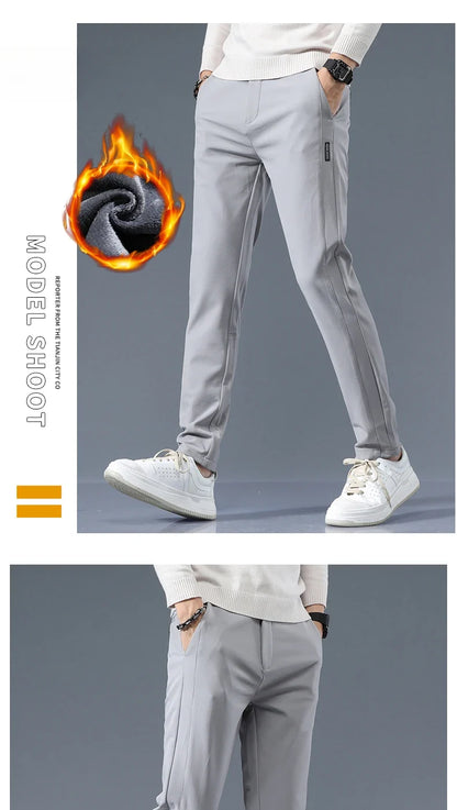 Winter Fleece Golf Casual Pants Men Business Slim Stretch Jogger Thick Trousers Korean Classic Elastic Waist Velvet Male Pants