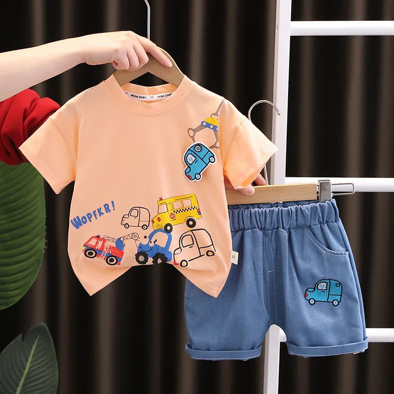 Summer Children's Boys Infant Cotton Clothes Set Cars T-Shirt Shorts 2-Piece Toddler Fashion Tracksuit for Babies Aged 1-5 Years