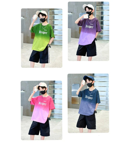 Children Summer Set for Boy Cotton Short Sleeve T-shirt And Shorts Clothing Set Kids Hip Hop Rapper Outfit Suit 2 Pcs Tracksuit