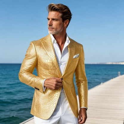 Luxury Men's Crocodile Embossed Leather Blazer Notch Lapel Suit Fit 1 Button Jacket Shiny Croc Print Formal Business Party Coat