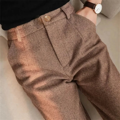Italian Vintage Suit Pant For Men Autumn Winter Wool Herringbone Pattern Straight Trousers British Style Business Casual Pants