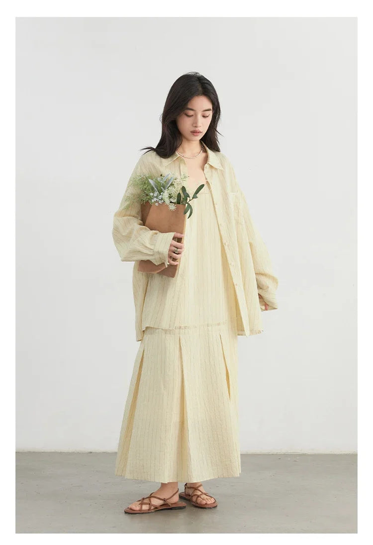 Women Dress Sets Stripe Shirt Loose Casual Long Sleeve Sunscreen Blouses Camisole V-neck Dresses Spring Autumn 2025