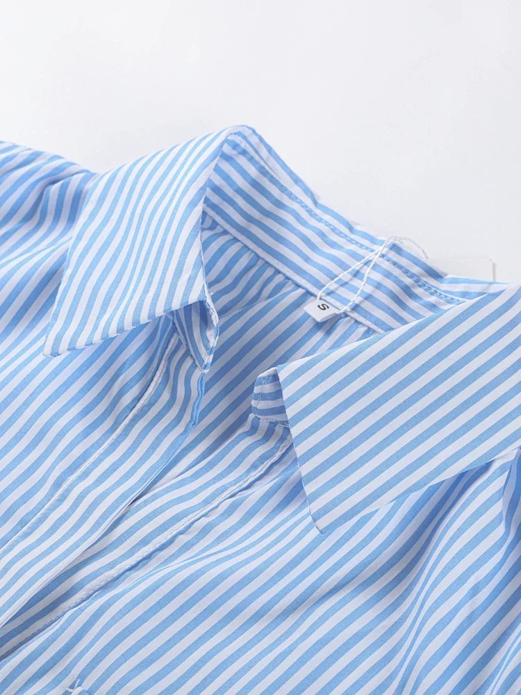 Elegant Women's Striped Long Dress Summer Lace Up Turn-Down Collar Single-breasted Blue A-line Dresses 2026 Lady Holiday Robes