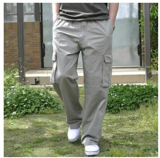 Spring Men cargo cotton pants pocket large size big 8XL 10XL 9XL 140KG loose out door casual safari style pants black 46 48 50