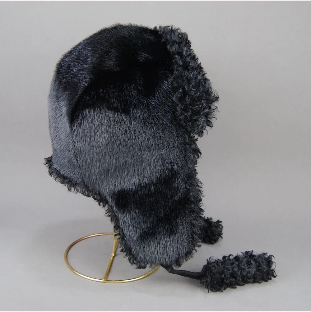 Real Fur Wool Hat Unisex New Winter Warm Bomber Russian Ushanka Hats With Ear Flaps Cow Leather Thick Snow Earflaps Baseball Cap
