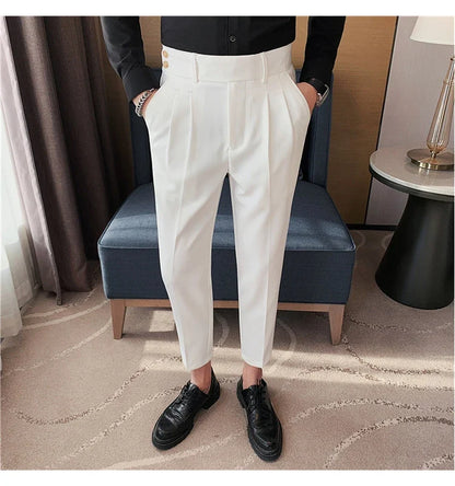 British Style Twill Pleat Design Naples High Waist Casual Trousers Fashion Man Slim Simple Social Party Suit Pant Plus Size 38