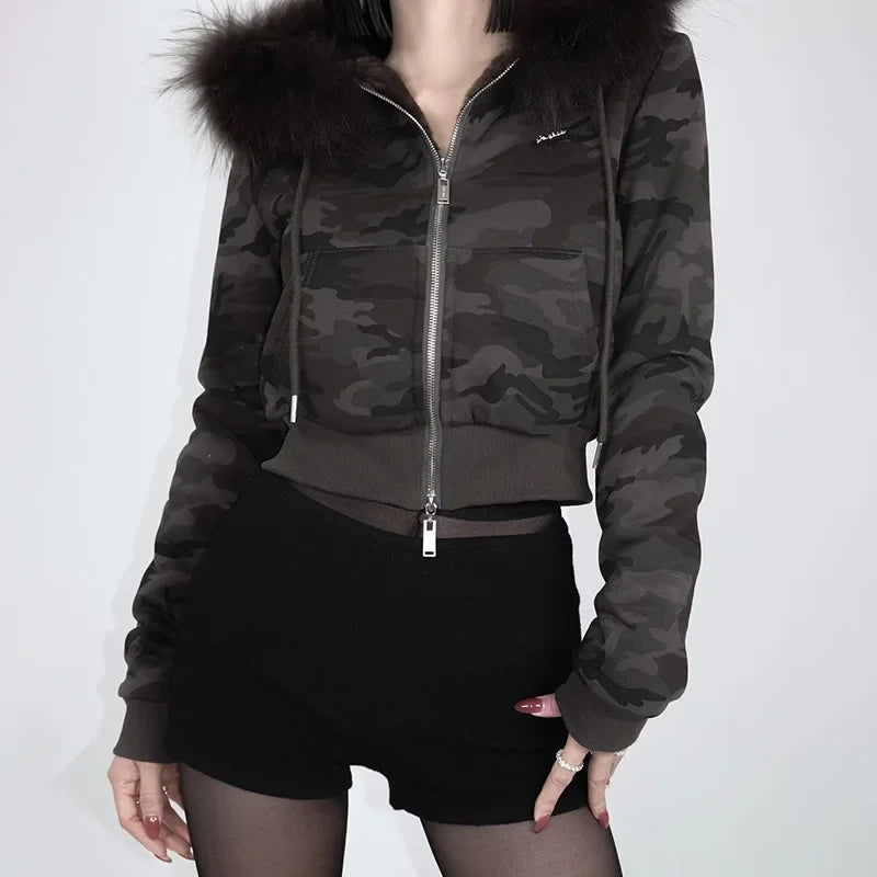 Goth Grey Faux Fur Collar Hooded Zip Up Hoodies Gothic Grunge Pockets Autumn Black Jackets Female Y2k Streetwear egirl Cardigans