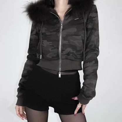 Goth Grey Faux Fur Collar Hooded Zip Up Hoodies Gothic Grunge Pockets Autumn Black Jackets Female Y2k Streetwear egirl Cardigans