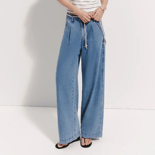 Women Jeans Soft Cool Belted Loose Wide Leg Denim Pants 2026 Summer Casual Daily