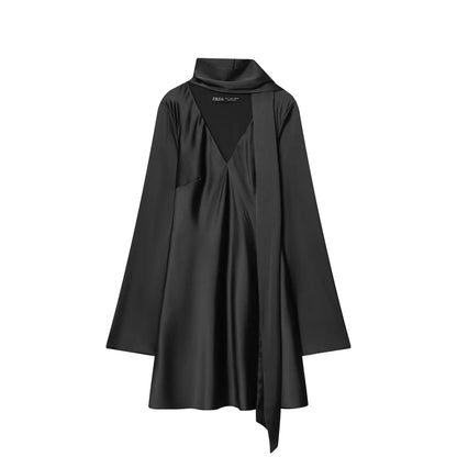 Women Fashion Satin Elegant Short Dress Summer Autumn New Long Sleeve Scarf V neck Mini Dress Female Elegant Party Dresses