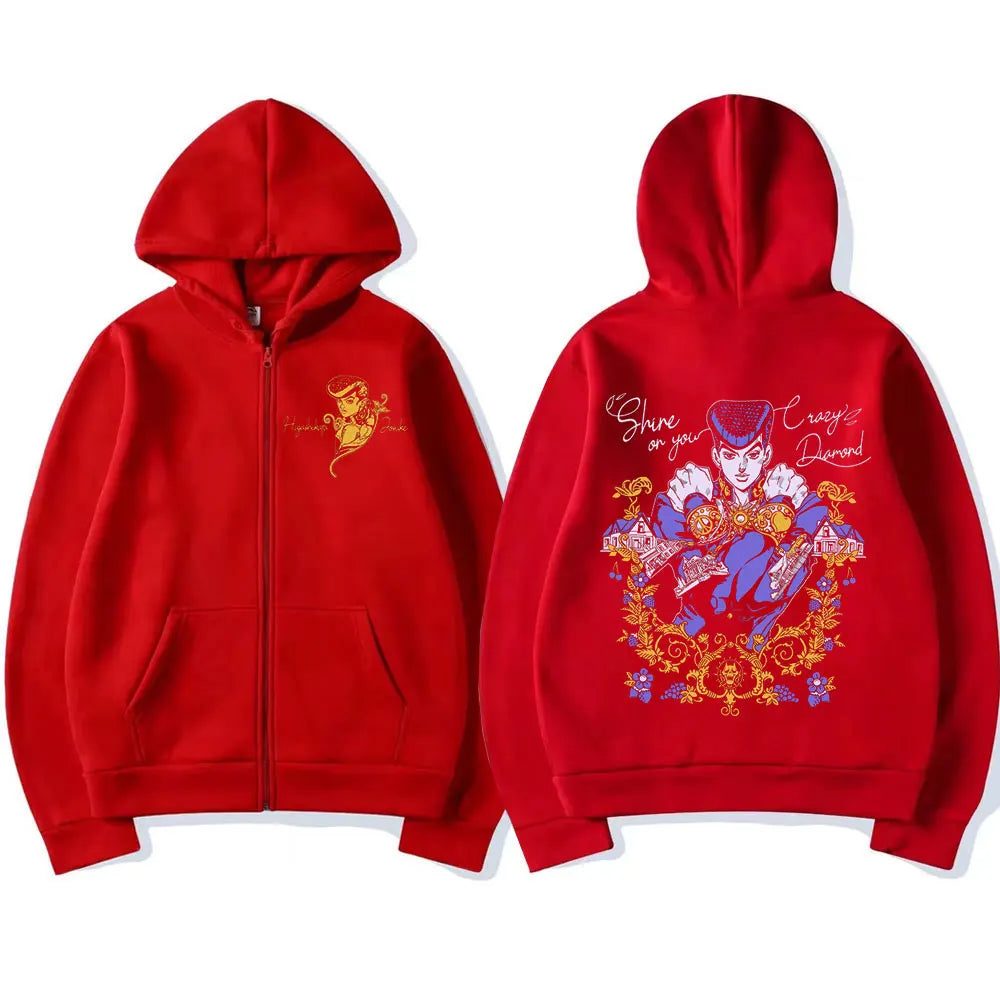 Anime Jojo Bizarre Adventure Zipper Hoodies Higashikata Josuke Manga Zip Up Sweatshirts Men Women Fashion Casual Pullovers Coats