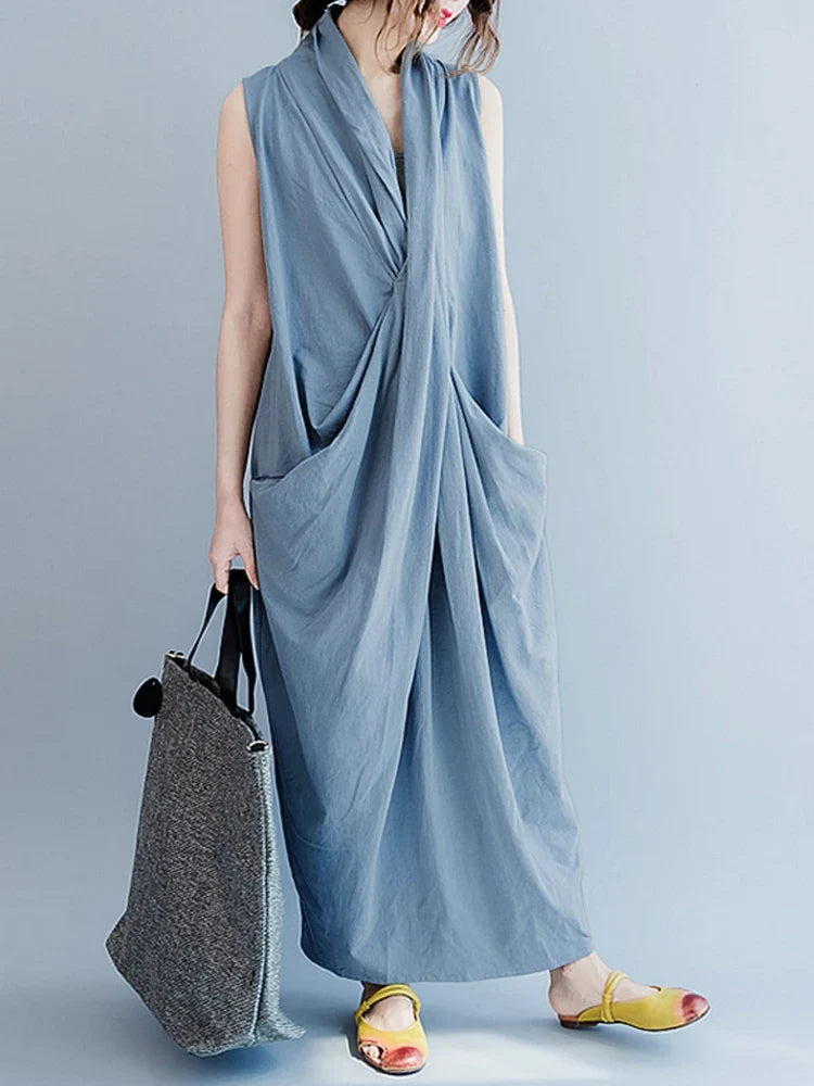 Oversize Asymmetrical Maxi Dress Women's Summer 2025 Holiday Sundress Female V Neck Draped Vestidos Rayon Robes Femme
