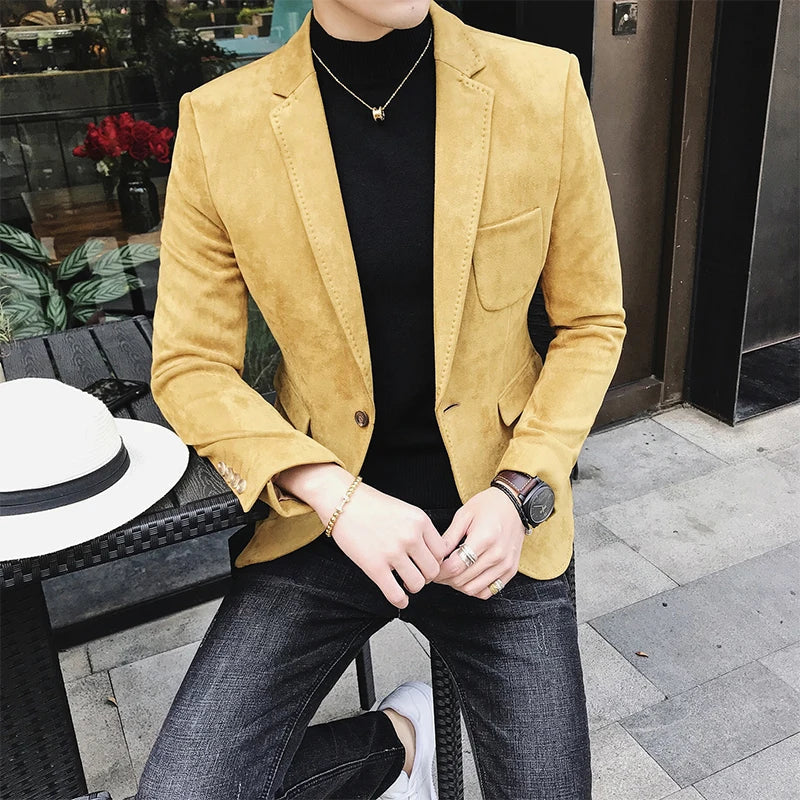 Blazer Hombre Men's Casual Slim Fit Deerskin Velvet Suit Jacket High-quality Korean Luxury Formal Solid Color Suit 6 Colors