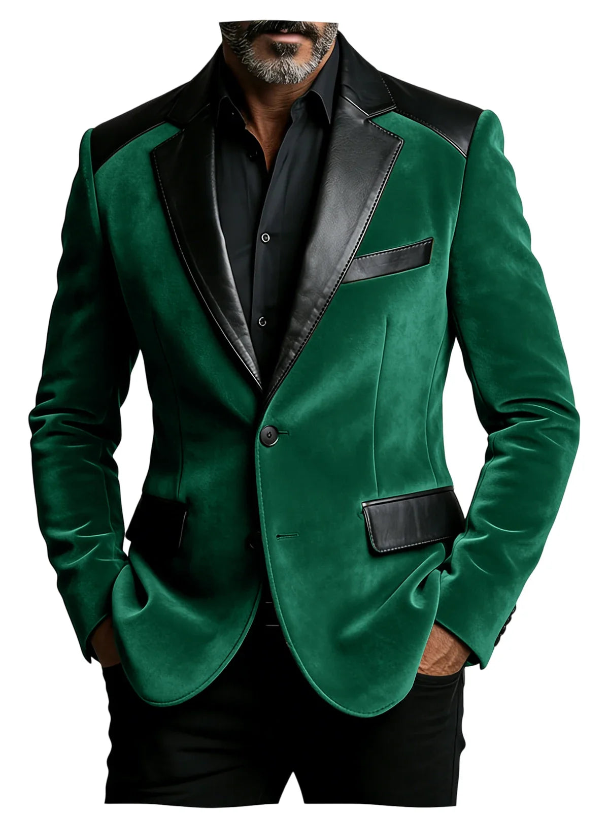 Men's Camel Velvet Blazer with Leather Patchwork Slim Fit Formal Casual Tuxedo Jacket Two-Tone Business Suit Coat