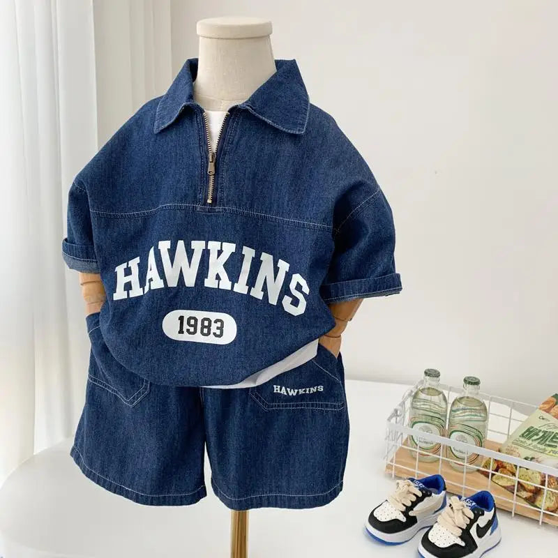 Boys Cotton Summer Suit 2026 New Baby Fashion Print Clothes Children Korean Handsome Short-sleeved Shirt + Denim Shorts 2pcs Set