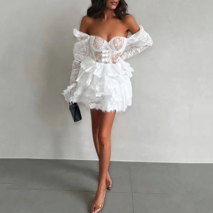 Off Shoulder Lace Short Wedding Dress Long Sleeve Tiered Ruffle Bridal Gown A Line Reception Dresses Above Knee Customized