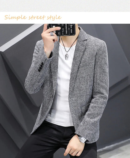 Blazer New Men's Fashion Business Vertical Strip Gentleman Slim Wool Shopping Outdoor Performance Wedding Banquet Casual Blazer