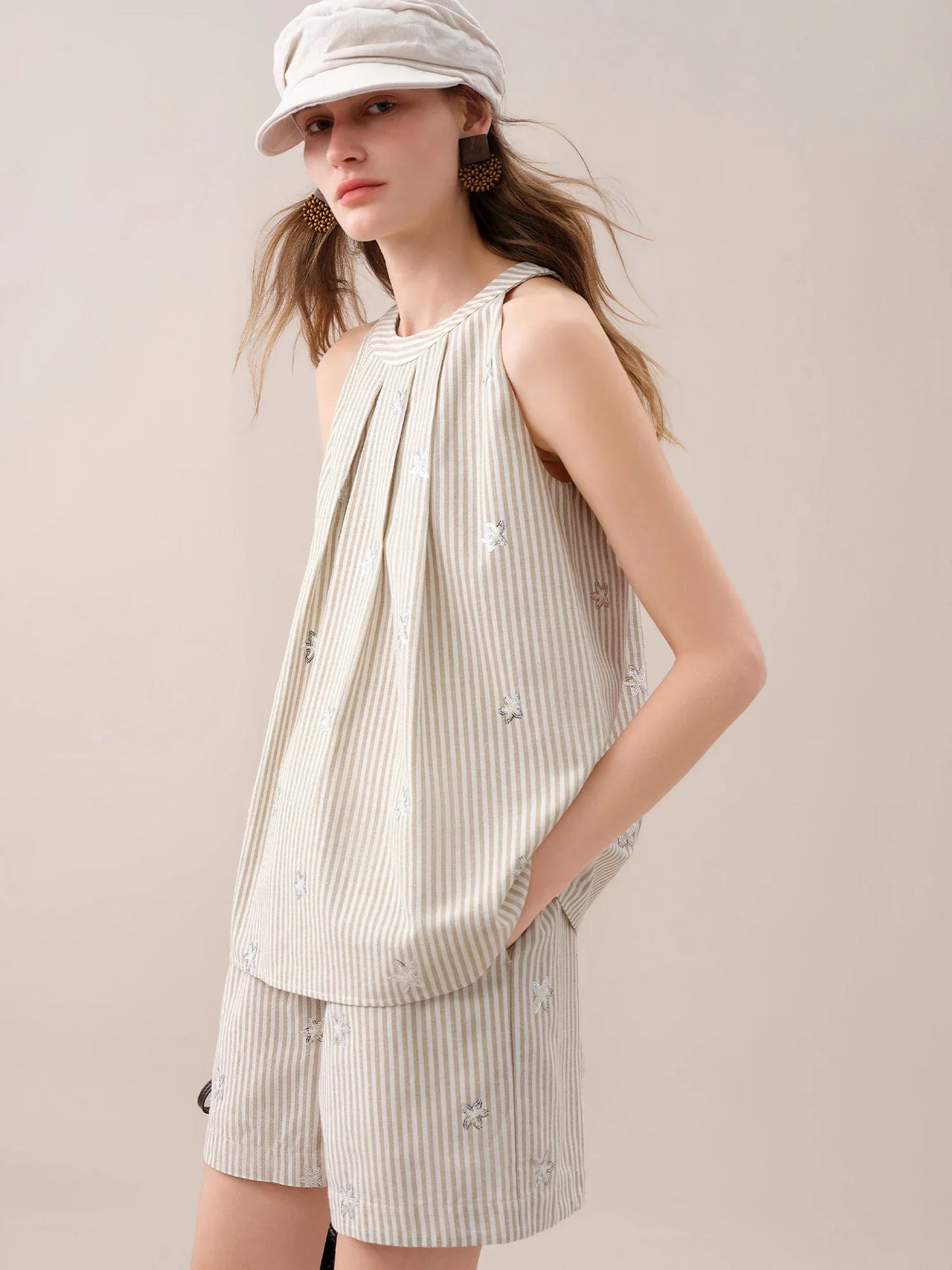 2026 Summer Women's Striped Embroidered Sleeveless Blouse - Vacation Elegance Collection for Resort
