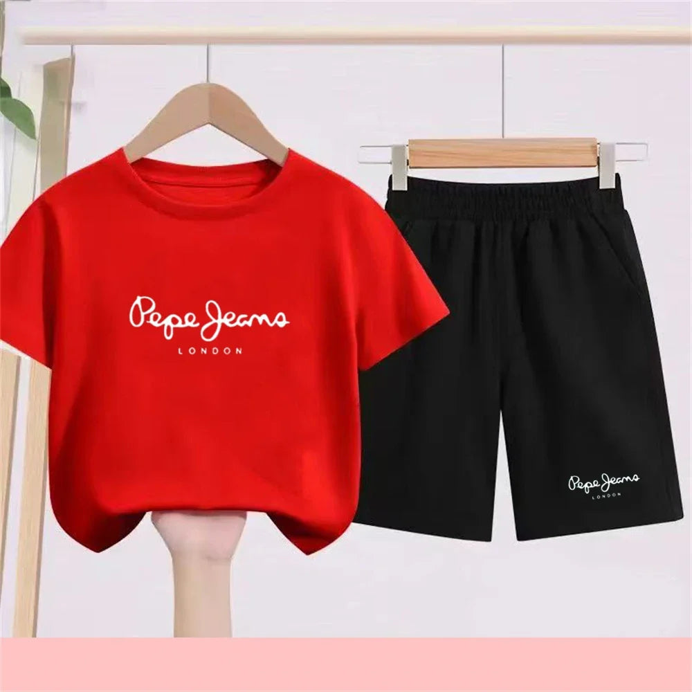 Summer T-shirt Children Short Sleeve Age 3-12 Girls Boy Set White Tshirt+Shorts 2pcs Youngster Cool Refreshing Kids Print Set
