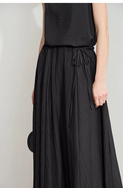 Minimalist New Summer Knee Length A-line Skirt Women Adjustable Drawstring Solid Color Commuting Style Loose Skirt 12522025