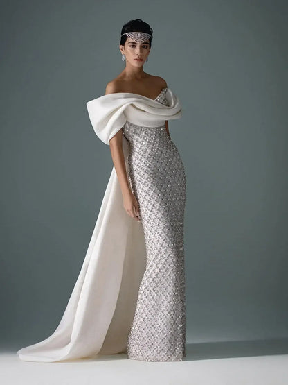 Customized Evening Dresses Exquisite Sexy Classic Jersey Pattern Sequined Straight Boat Neck Long Dress High Quality Prom Gown