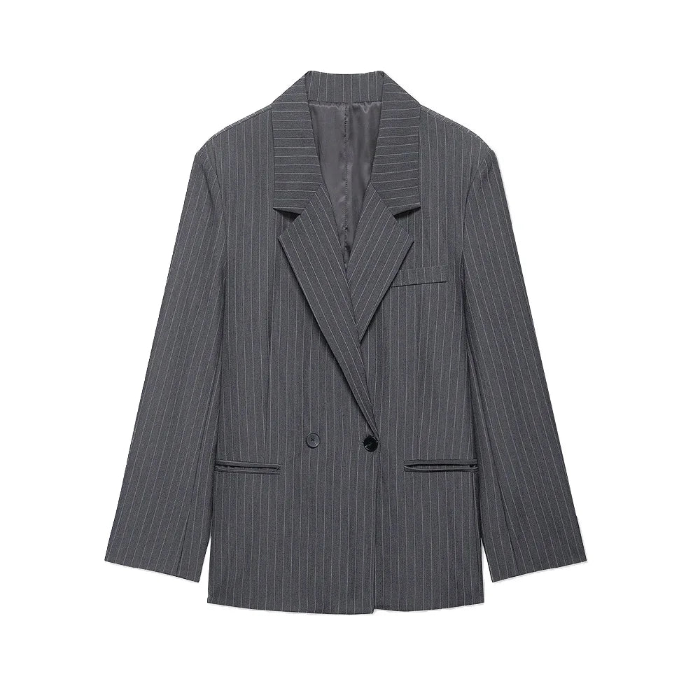 Women's Old Money Style Ovesized Striped Blazer Coat Long Sleeve Front Pockets Chic Oversize Top Female Outerwear
