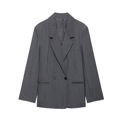 Women's Old Money Style Ovesized Striped Blazer Coat Long Sleeve Front Pockets Chic Oversize Top Female Outerwear