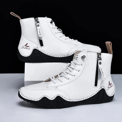 New 2025 Handmade Casual Shoes Men Sneakers Ankle Boots Leather Side Zipper Comfortable Breathable Anti-Slip Outdoor Walking