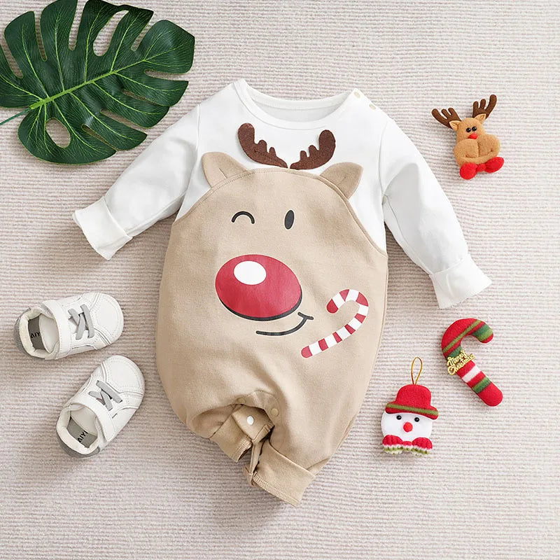 Prowow 0-18M Baby Christmas Costume Cartoon Deer Jumpsuit With Santa Hat Christmas Baby Romper For Newborn New Year Costume