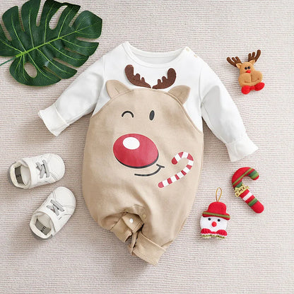 Prowow 0-18M Baby Christmas Costume Cartoon Deer Jumpsuit With Santa Hat Christmas Baby Romper For Newborn New Year Costume