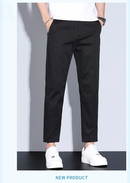 High Quality Summer Men's White Ankle Length Casual Pants 97%Cotton Breathable Straight Business Slim Work Chino Trousers Man