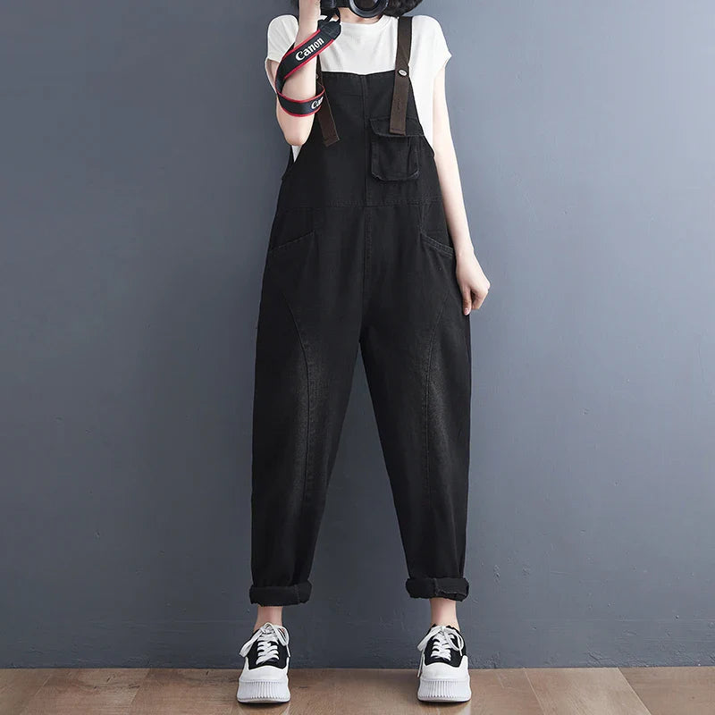 Loose Women's Denim Overalls Faionable Spring Summer High Waist Long Pants Thermal Properties Deep Color Korean Sle