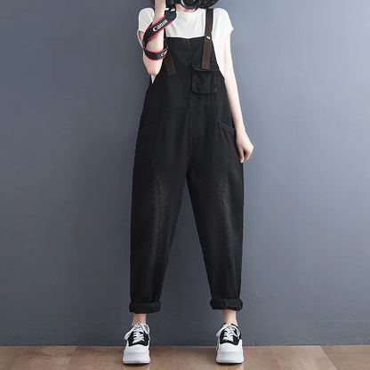 Loose Women's Denim Overalls Faionable Spring Summer High Waist Long Pants Thermal Properties Deep Color Korean Sle