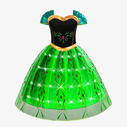 Elsa Princess Dresses +LED Light Girls Mesh Sequin Dress Kids Cosplay Frozen Snow Queen Costumes Halloween Party Gowns