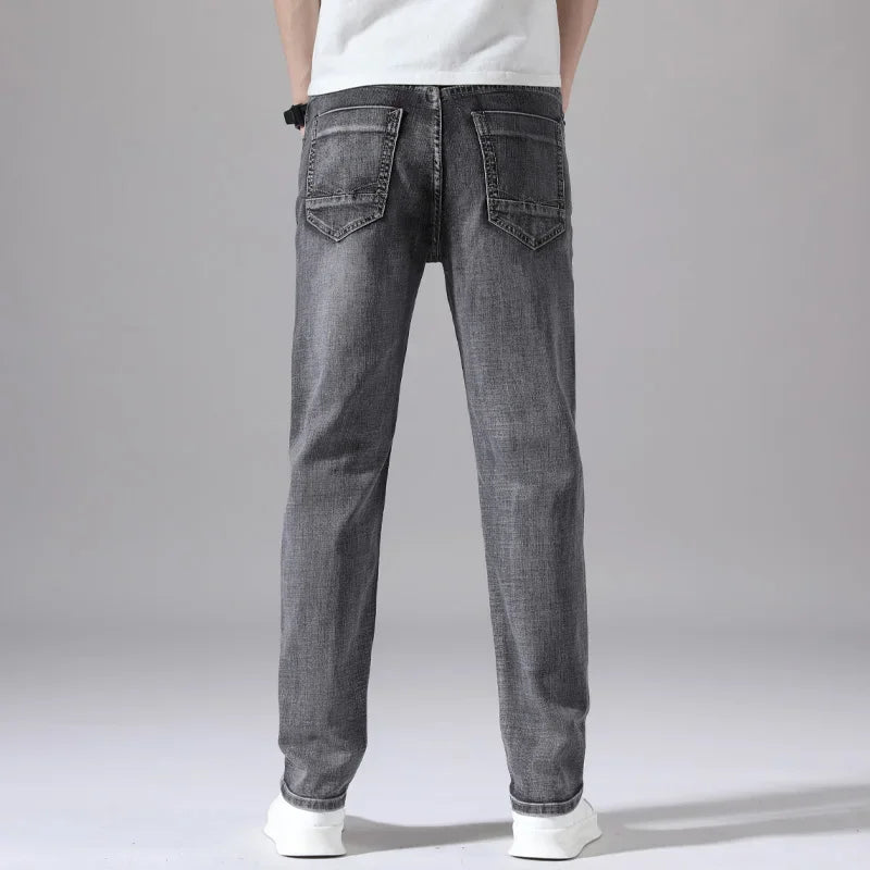 2026 Cotton Stretch Jeans Business Casual Men's Thin Denim Jeans Grey Spring Summer Brand New Fit Straight Lightweight