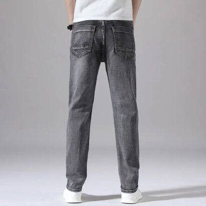 2026 Cotton Stretch Jeans Business Casual Men's Thin Denim Jeans Grey Spring Summer Brand New Fit Straight Lightweight