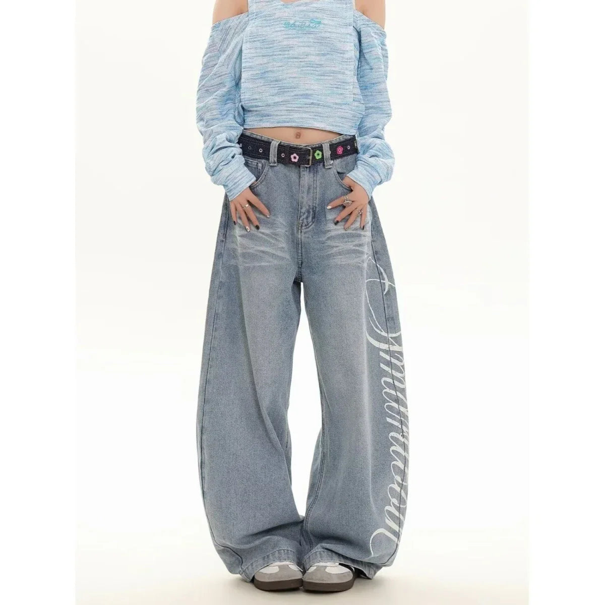Blue Loose Wide Leg Jeans Women's Fashion High Waist Straight Cut Casual Trousers Autumn New Style Slimming Effect Cotton Pol...