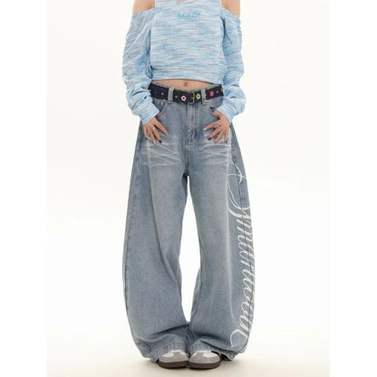 Blue Loose Wide Leg Jeans Women's Fashion High Waist Straight Cut Casual Trousers Autumn New Style Slimming Effect Cotton Pol...