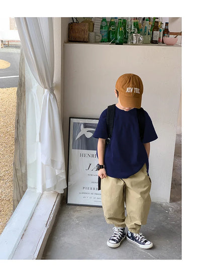 Summer Casual School Kids Cotton Plain Tee Tops Baby and Boys Short-Sleeved T-Shirt Children Outfit Clothing 1-16 Years